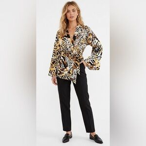 Nasty Gal Black, White, and Gold Animal Print Kimono Blouse